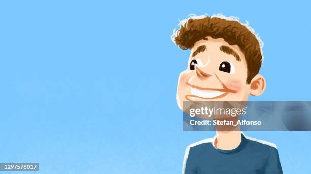 painting of a smiling boy against blue background - boy face happy stock illustrations