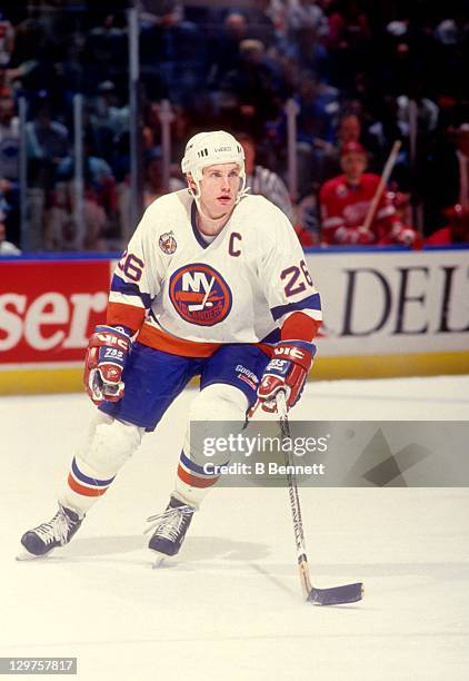 Pat Flatley of the New York Islanders skates on the ice during an NHL game against the Detroit Red Wings on March 2, 1993 at the Nassau Coliseum in...