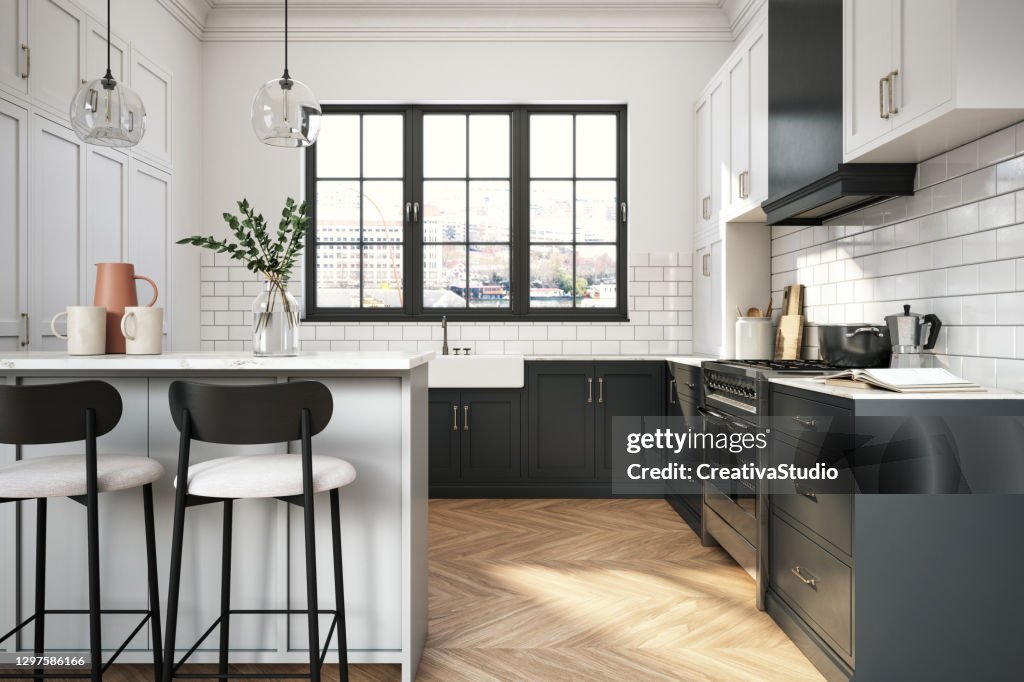 Moderne elegante foto van de keukenvoorraad