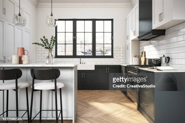 moderne elegante foto van de keukenvoorraad - zwarte kleur stockfoto's en -beelden