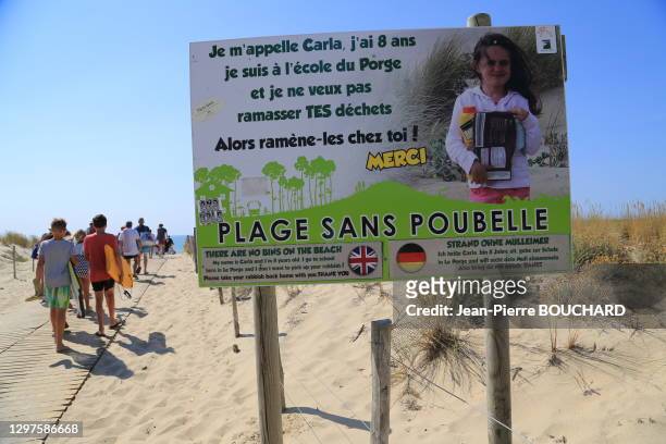 Propreté du littoral Atlantique, plage sans poubelle, 19 août 2018, Le Porge Océan, Gironde, Nouvelle Aquitaine, France.