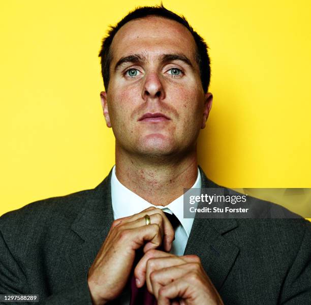 Yorkshire and England batsman Michael Vaughan poses for a picture at the Lowrey Hotel in April 2003 in Manchester, United Kingdom.