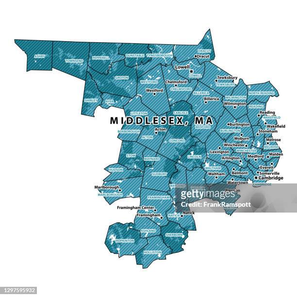 illustrazioni stock, clip art, cartoni animati e icone di tendenza di mappa vettoriale della contea del massachusetts middlesex - lowell massachusetts