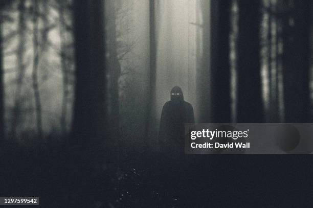 a grainy horror concept. of a dark hooded figure with glowing eyes standing in a forest. with an abstract blurred edit. - terror fotografías e imágenes de stock