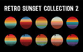 Vintage sunset collection in 70s 80s style. Regular and distressed retro sunset set.
