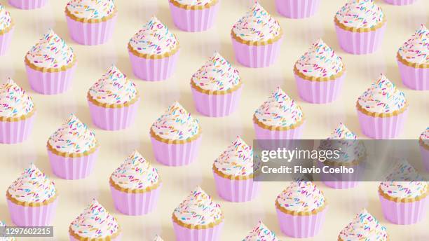 vanilla buttercream frosting cupcakes low poly pattern background - cupcake pattern stock pictures, royalty-free photos & images