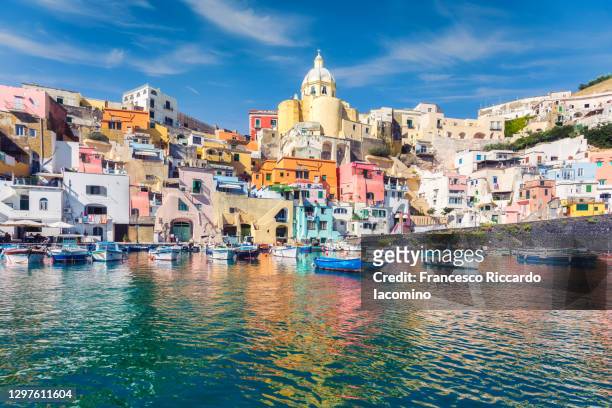 procida, multi colours houses in la corricella harbour. naples, campania, italy. capital of culture 2022 - vista marina stock pictures, royalty-free photos & images