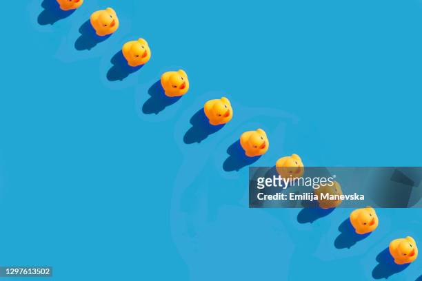 yellow rubber ducks in a line on colored background - badeend stockfoto's en -beelden
