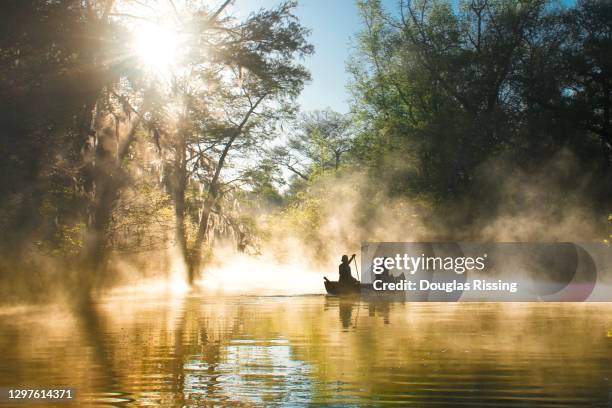 everglades ya nationalpark - kanufahren im nebel - florida stock-fotos und bilder