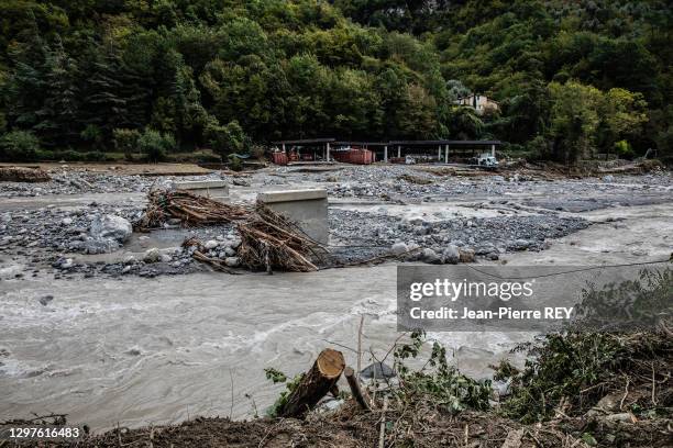 Pont détruit au village de Breil sur Roya dévasté par le tempête Alex, 9 octobre 2020, France.