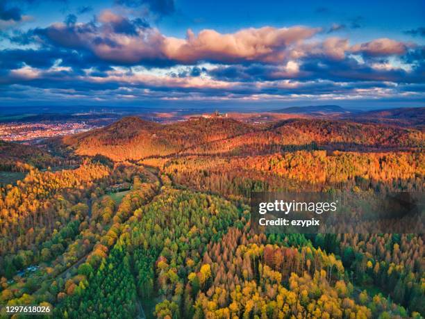 瓦特堡秋季森林上方的鳥瞰圖 - wartburg castle 個照片及圖片檔