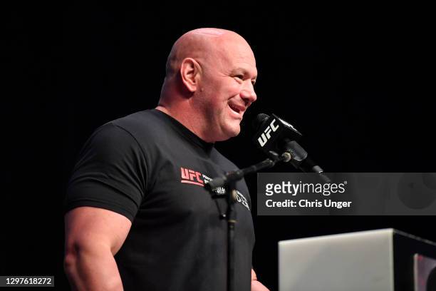 President Dana White interacts with media during the UFC 257 Press Conference inside Etihad Arena on UFC Fight Island on January 20, 2021 in Yas...