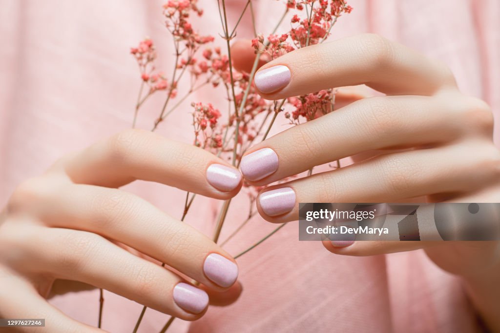 Mani femminili con design delle unghie rosa. Manicure con smalto rosa. Le mani della donna tengono fiori arancioni.