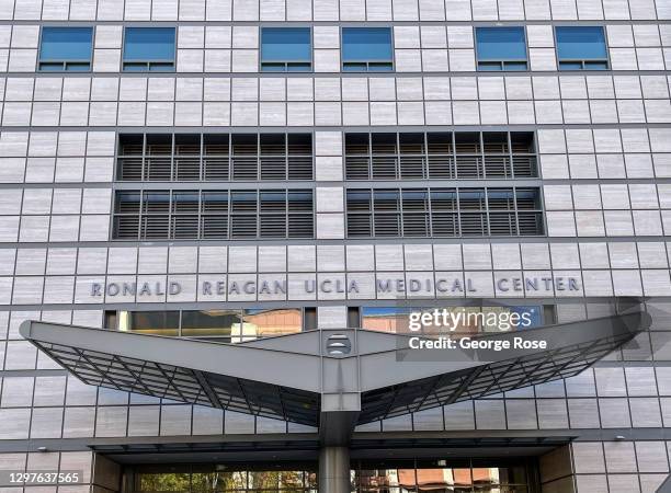 The entrance to the Ronald Reagan UCLA Medical Center, located at the University of California, Los Angeles, is viewed on January 15, 2021 in Los...