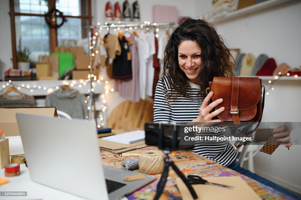 Young woman vlogger making video indoors, online retail concept.