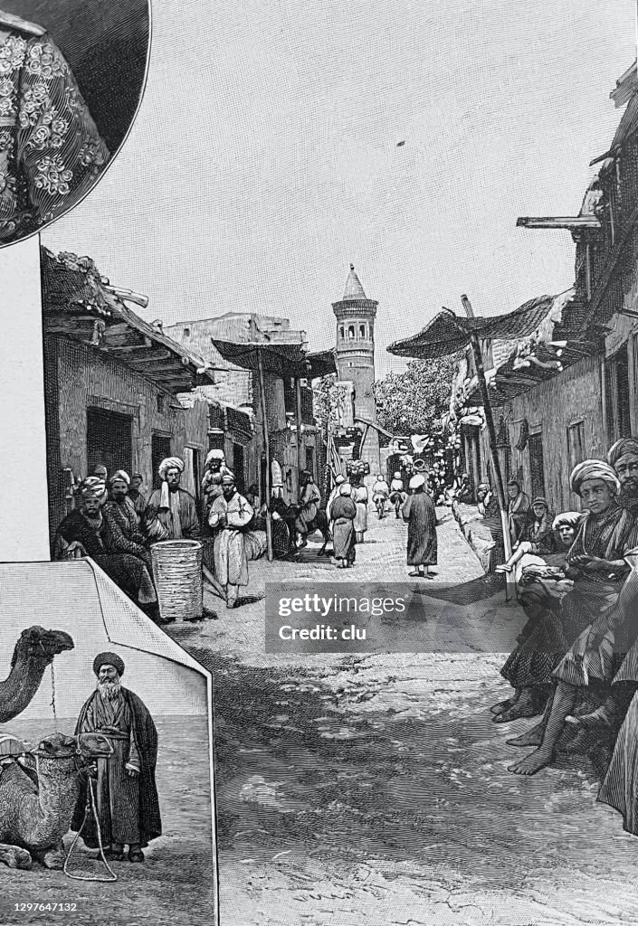 Bazaar in Bukhara, in the background the crime tower