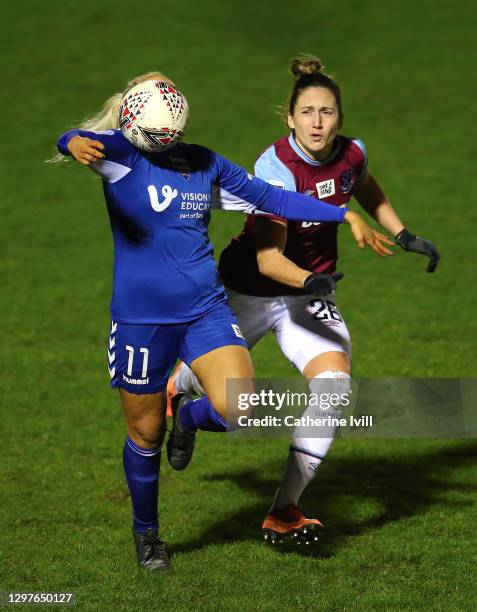 Bridget Galloway of Durham controls the ball as she is challenged by Laura Vetterlein of West Ham United during the FA Women's Continental League Cup...