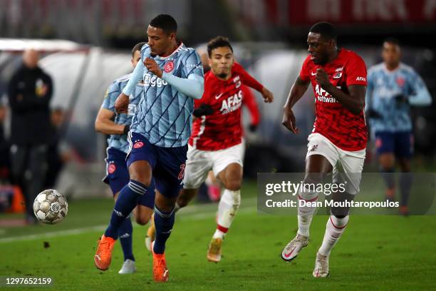 Sebastien Haller of Ajax battles for the ball with Bruno Martins Indi of AZ Alkmaar during the KNVB Beker or Dutch Cup match between AZ Alkmaar and...