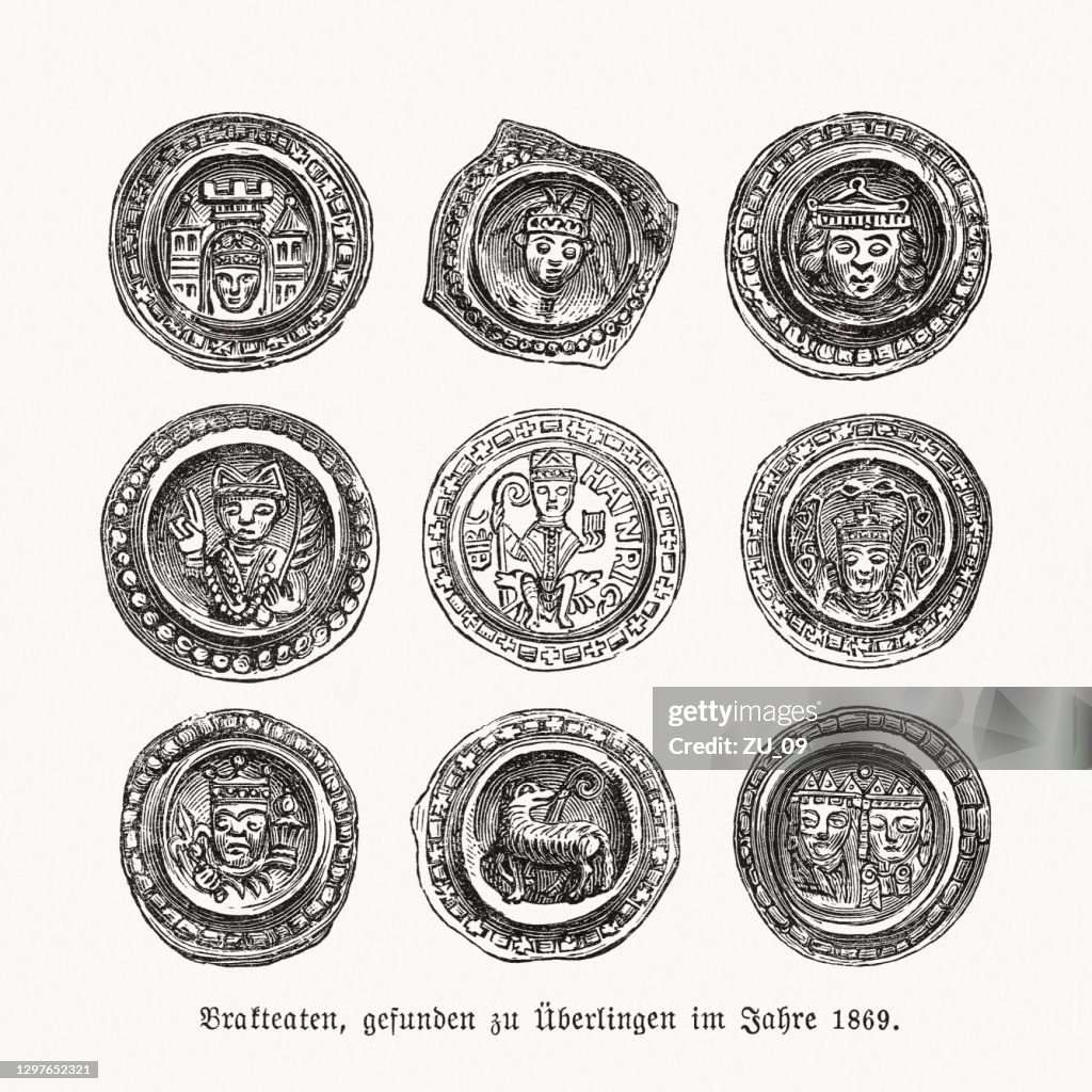 Bracteates from Überlingen, Germany, found 1869, woodcuts, published 1893