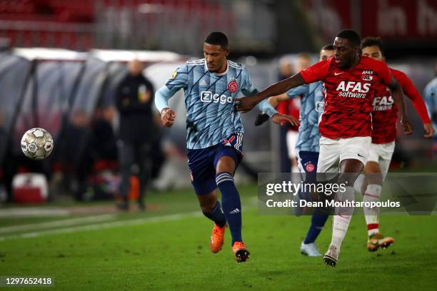 Sebastien Haller of Ajax battles for the ball with Bruno Martins Indi of AZ Alkmaar during the KNVB Beker or Dutch Cup match between AZ Alkmaar and...