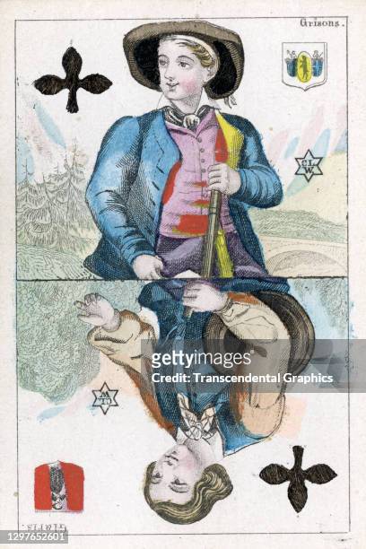 View of a 'Jack of Clubs' from a deck of playing cards that depicts figures representing Swiss Cantons , circa 1870. Pictured here are two figures...