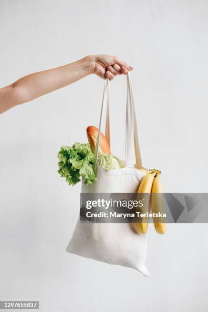 the girl is holding a textile eco bag with healthy food. - shopping bag stock photos et images de collection