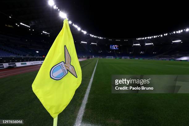 Detailed view of a corner flag inside the stadium ahead of the Coppa Italia match between SS Lazio and Parma Calcio at Olimpico Stadium on January...