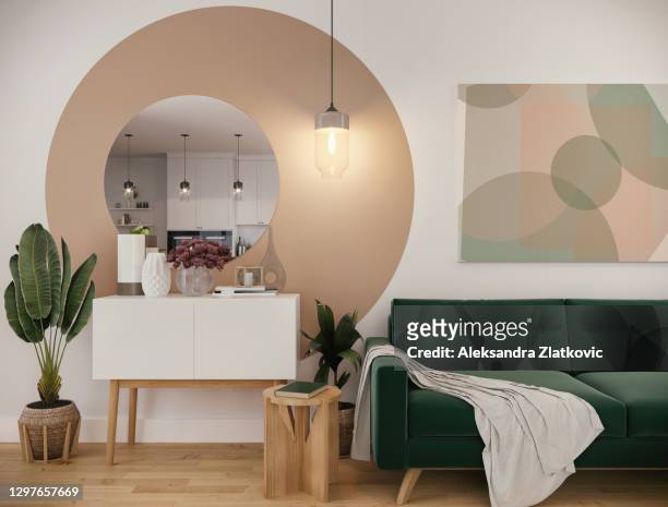 small, colorful living room - mirror imagens e fotografias de stock