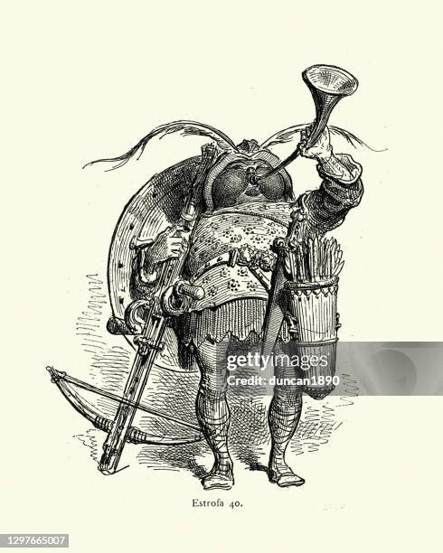 charakterskizze eines mittelalterlichen armbrustmannes, der ein horn bläst - jagdhorn stock-grafiken, -clipart, -cartoons und -symbole