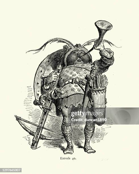 character sketch of a medieval crossbow man  blowing a horn - hunting horn stock illustrations