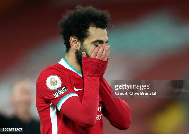 Mohamed Salah of Liverpool reacts during the Premier League match between Liverpool and Burnley at Anfield on January 21, 2021 in Liverpool, England....