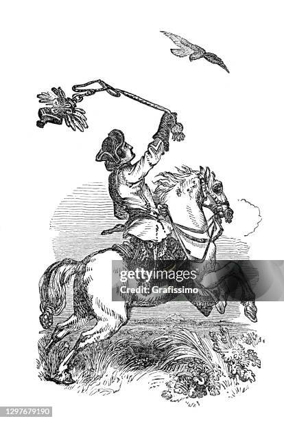 ilustraciones, imágenes clip art, dibujos animados e iconos de stock de falconer hombre en aves de caza de caballos con halcón 1835 - falcon bird