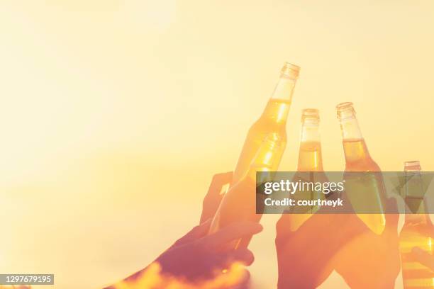 group of young people partying on the beach at sunset. - friendship background stock pictures, royalty-free photos & images