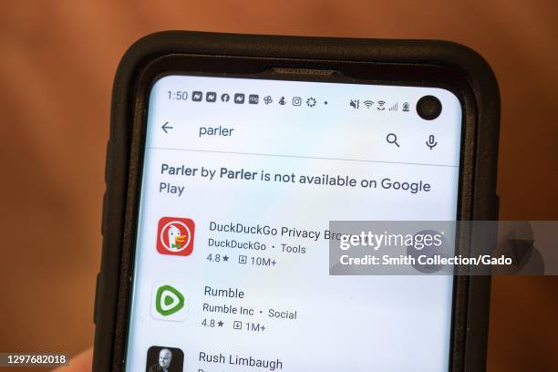 Notice on Google Play store stating that the Parler app is not available, Lafayette, California, January 21, 2021.