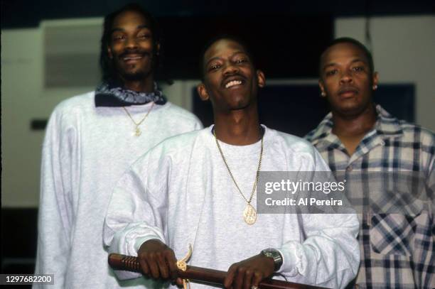 Snoop Dogg, Kurupt and Dr. Dre appear backstage when the Death Row Records label assembles at The Source Awards, held at The Paramount Theater at...