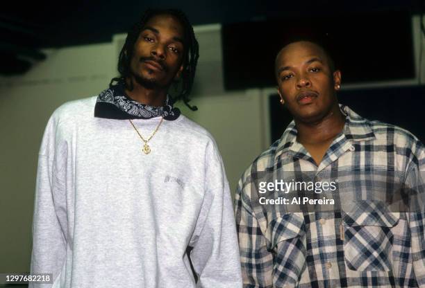 Snoop Dogg and Dr. Dre appear backstage when the Death Row Records label assembles at The Source Awards, held at The Paramount Theater at Madison...