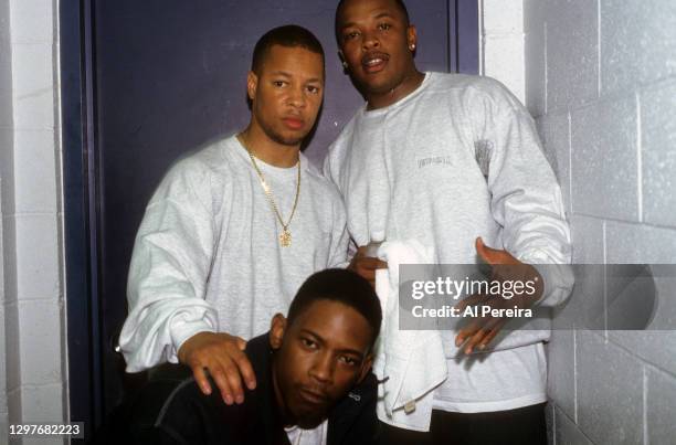 Sam Sneed , Kurupt and Dr. Dre appear backstage when the Death Row Records label assembles at The Source Awards, held at The Paramount Theater at...