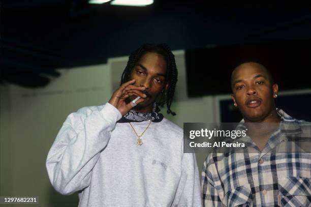 Snoop Dogg and Dr. Dre appear backstage when the Death Row Records label assembles at The Source Awards, held at The Paramount Theater at Madison...