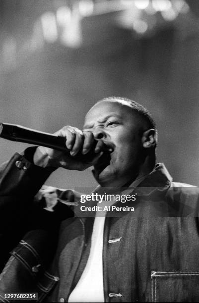 Dr. Dre performs when the Death Row Records label assembles at The Source Awards, held at The Paramount Theater at Madison Square Garden, on August...