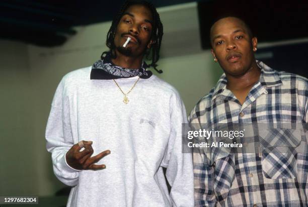 Snoop Dogg and Dr. Dre appear backstage when the Death Row Records label assembles at The Source Awards, held at The Paramount Theater at Madison...