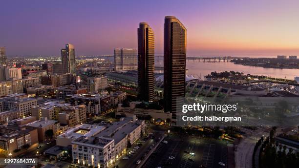 aerial shot of downtown san diego at twilight - san diego bridge stock pictures, royalty-free photos & images