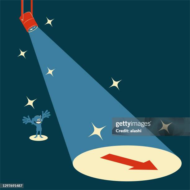 smiling blue man (businessman, office worker) and arrow (direction) in the spotlight, concept about business strategy or plan, visionary, career decision, venture or investment opportunity - accent stock illustrations