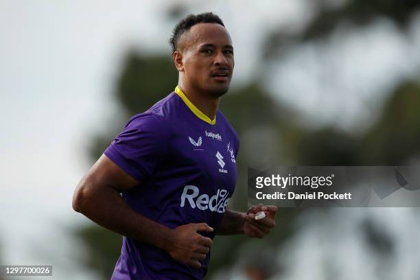 Felise Kaufusi of the Storm looks on during a Melbourne Storm NRL training session at Geelong Grammar School on January 22, 2021 in Geelong,...