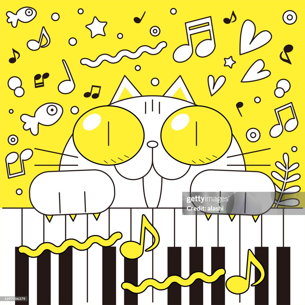 Smiling cat with big eyes playing piano and singing, with fantasy music note background