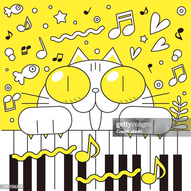 smiling cat with big eyes playing piano and singing, with fantasy music note background - cats musical stock illustrations