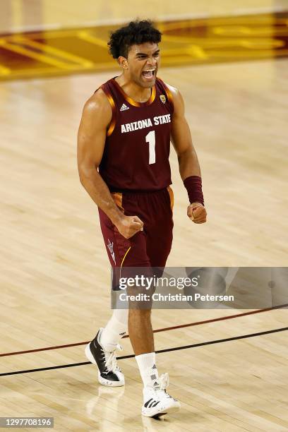 Remy Martin of the Arizona State Sun Devils reacts to a three-point shot against the Arizona Wildcats during the second half of the NCAAB game at...