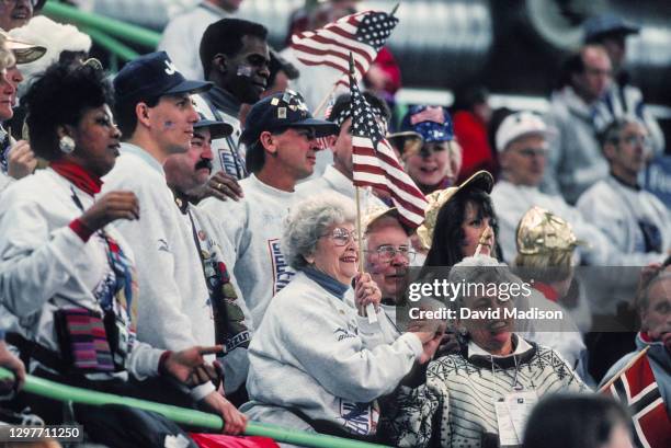 Fans of Bonnie Blair of the USA known as the Blair Bunch, including Bonnie's mother Elizabeth , watch the Women's 500 meter event of the Long Track...