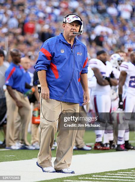 Head coach Chan Gailey of the Buffalo Bills looks on against the New York Giants on October 16, 2011 at MetLife Stadium in East Rutherford, New...