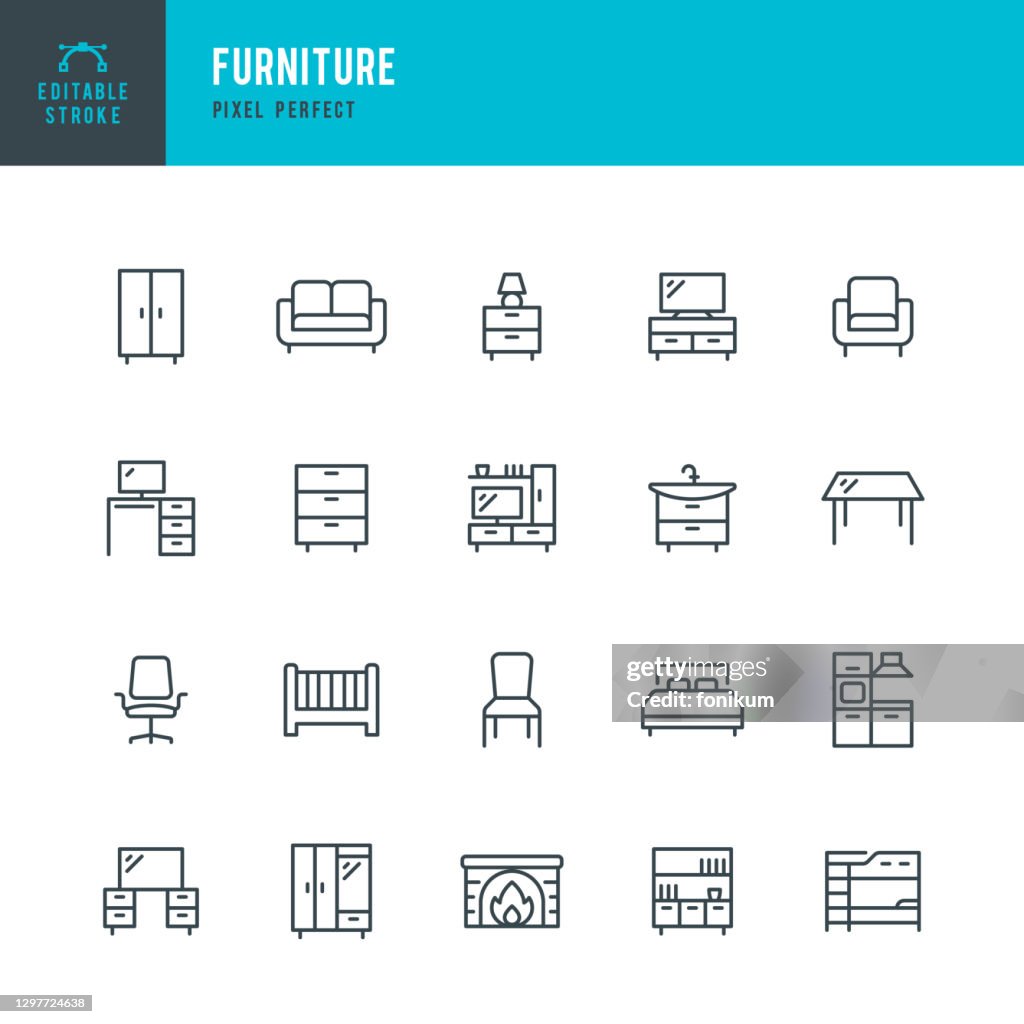 FURNITURE - Dünnlinien-Vektor-Symbol gesetzt. Pixel perfekt. Bearbeitbarer Strich. Das Set enthält Symbole: Wohnzimmer, Bett, Schreibtisch, Stuhl, Küche, Esstisch, Sofa, Bürostuhl, Bücherregal, Sessel.