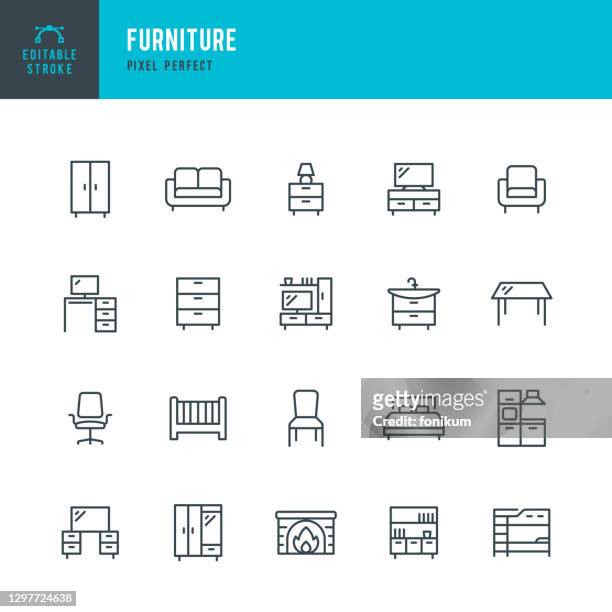 furniture - dünnlinien-vektor-symbol gesetzt. pixel perfekt. bearbeitbarer strich. das set enthält symbole: wohnzimmer, bett, schreibtisch, stuhl, küche, esstisch, sofa, bürostuhl, bücherregal, sessel. - sofa stock-grafiken, -clipart, -cartoons und -symbole